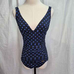 DKNY One Piece Swimsuit Black/Blue Polka Dot Side Ruching V Neck Swimwear Sz 10